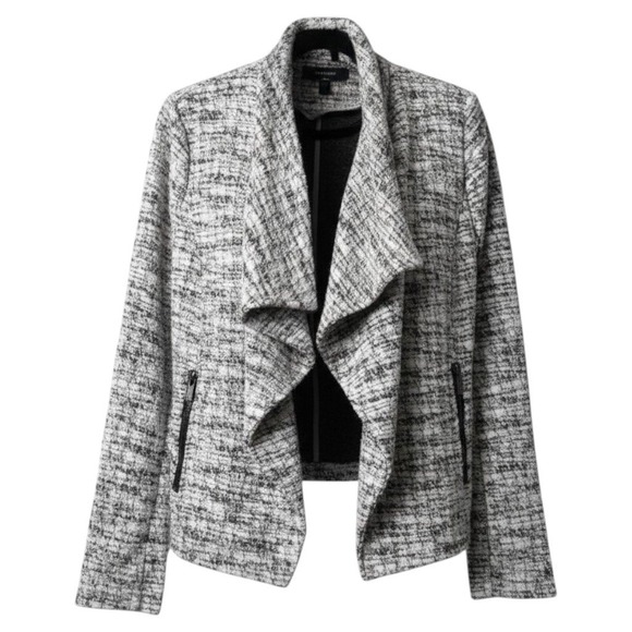 Chico's Jackets & Blazers - Chico's Size M Heathered Black and White Waterfall Jacket Textured Knit Academia